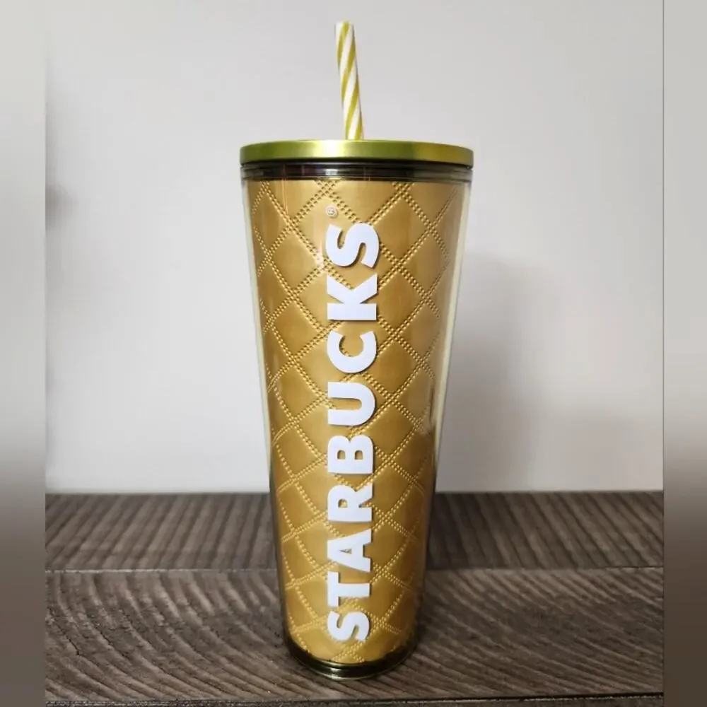 NWT GOLD Quilted STARBUCKS TUMBLER Cup with lid straw 24 oz